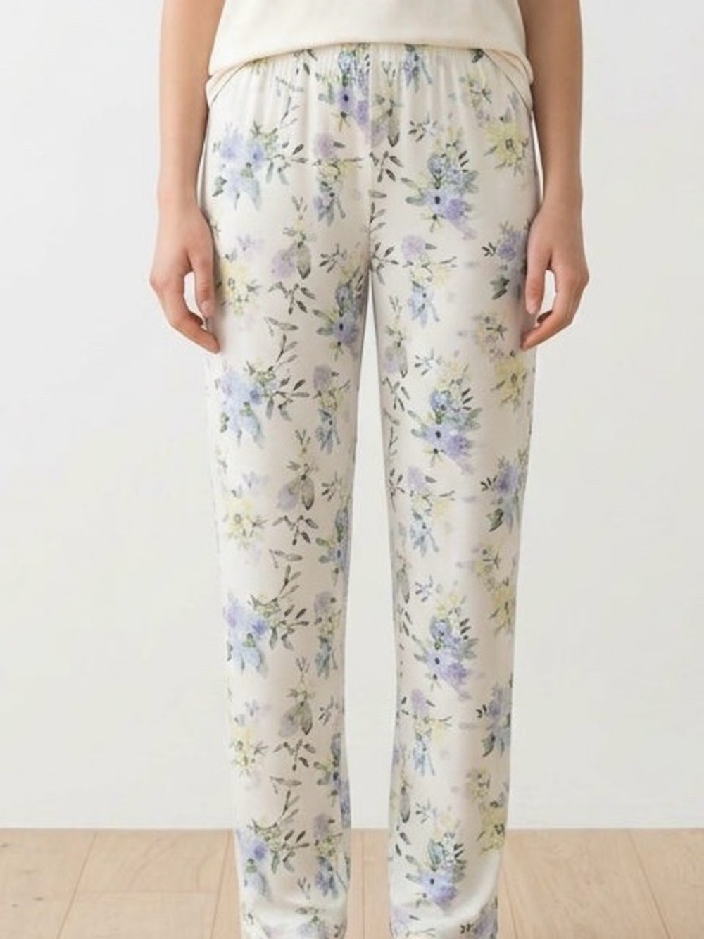 The Kooples Cream Floral Flowy Pants with Lavender and Green Bouquet Print